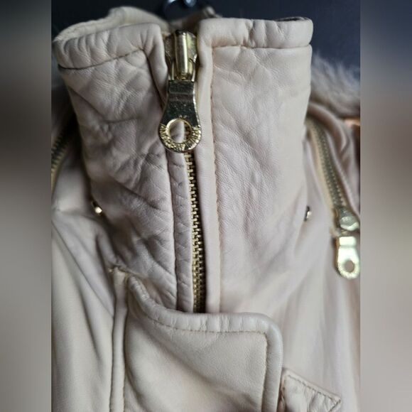 Vintage Cream Butter Yellow Long Parka Leather Coat Coyote Fur Trim Sz M - Picture 5 of 16